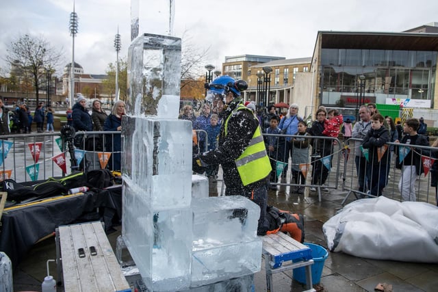 A live carving of a throne in City Park for Bradford Ice Festival