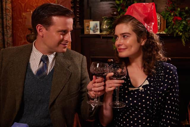James Herriot (Nicholas Ralph) and Helen Herriot (Rachel Shenton) are feeling festive in the All Creatures Great and Small Series 3 Christmas Special. Picture by: Helen Williams / Playgorund / Channel 5