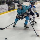 FAMILIAR FACE: Thomas Barry (left) holds off Adam Barnes, whilke playing for Sheffield Steeldogs against Leeds Chiefs back in 2019.  Picture: Bruce Rollinson