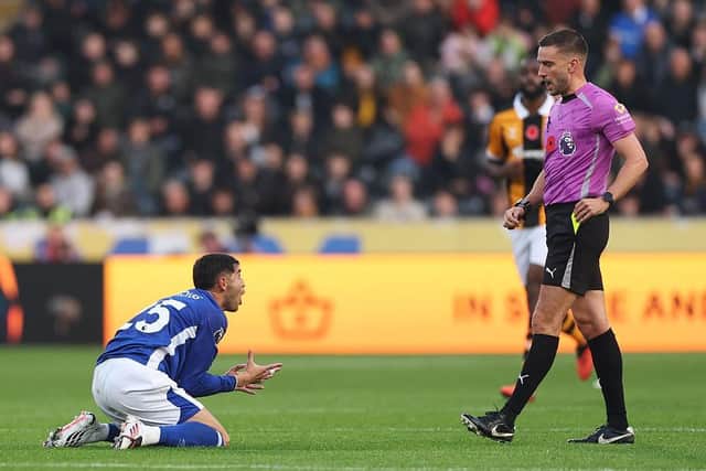 NOOOO!: Exequiel Palacios reacts to a yellow card from referee Thomas Kirk (Image: Stu Forster/Getty Images)