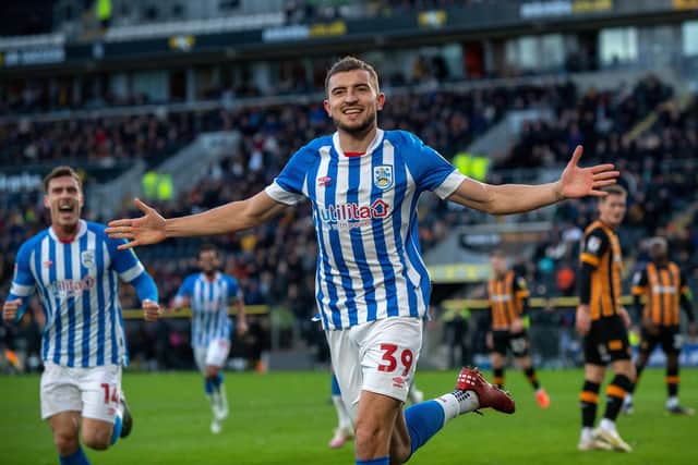 Michal Helik celebrates scoring for Huddersfield Town in their draw at Hull City in January. Picture: Bruce Rollinson