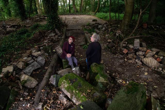 Author Frances Brody and her friend Lindsay Attree in the ruins of Milners Fields, Bingley. Picture Bruce Rollinson
