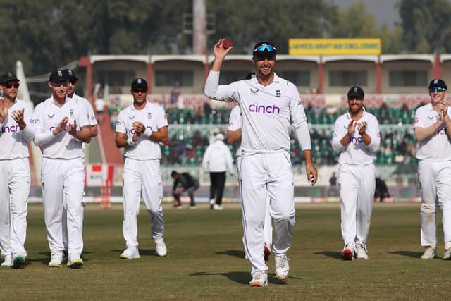 Six of the best. Will Jacks leads England off the field after taking 6-161 in the Pakistan first innings on Test debut. Photo by Matthew Lewis/Getty Images.