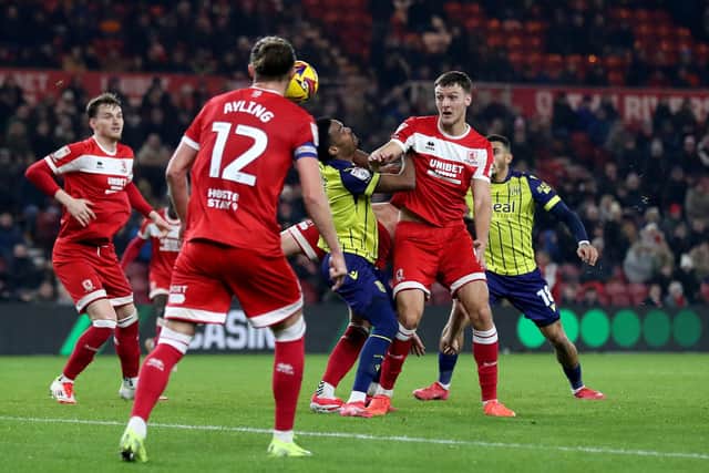 MIDDLESBROUGH, ENGLAND - JANUARY 21: Grady Diangana of West Bromwich Albion and Dael Fry of Middlesbrough during the Sky Bet Championship match between Middlesbrough FC and West Bromwich Albion FC at Riverside Stadium on January 21, 2025 in Middlesbrough, England. (Photo by Adam Fradgley/West Bromwich Albion FC via Getty Images)