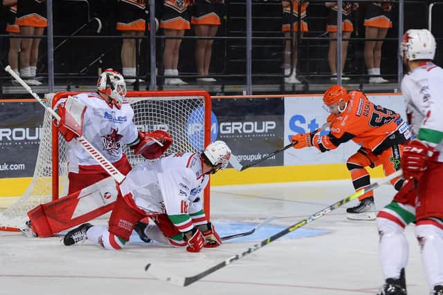 ON THE BOARD: Adam Raska opens his account for Sheffield Steelers in the 3-1 home defeat to Cardiff Devils on Saturday night. Picture: Dean Woolley/EIHL.