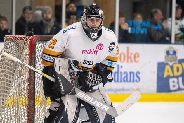 TOUGH NIGHT: Hull Seahawks' netminder Jordan McLaughlin was power less to prevent defeat against Milton Keynes Lightning on Tuesday night. Picture: Bruce Rollinson
