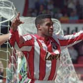 Brian Deane celebrates after finding the net for Sheffield United. Picture: Chris Lawton.