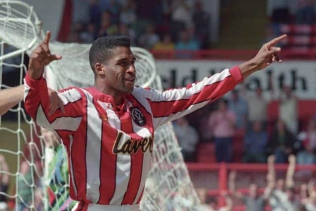 Brian Deane celebrates after finding the net for Sheffield United. Picture: Chris Lawton.