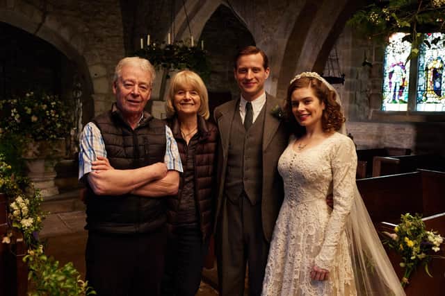 Behind the scenes in the church, All Creatures Great and Small  Series 3, Episode 1, Rosie Page and Jim Wight with Nicholas Ralph and Rachel Shenton. Playground Television UK Ltd. Photographer: Helen Williams