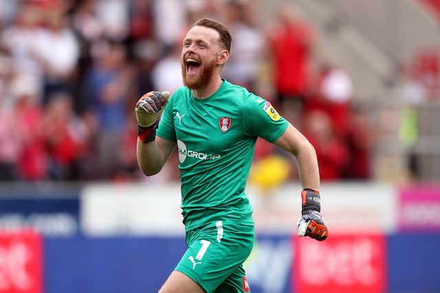 Rotherham United goalkeeper Viktor Johansson celebrates their side's first goal of the game during the Sky Bet Championship match at the AESSEAL New York Stadium, Rotherham. Picture date: Saturday September 3, 2022.