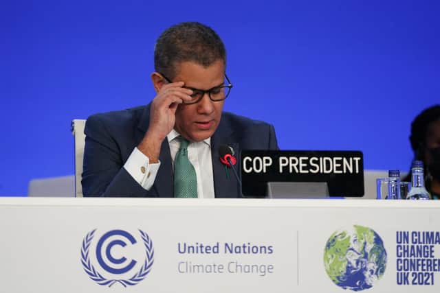 COP26 President Alok Sharma MP speaks during the stock taking Plenary on day thirteen of the COP26 at SECC on November 12, 2021 in Glasgow, Scotland.  (Photo by Ian Forsyth/Getty Images)