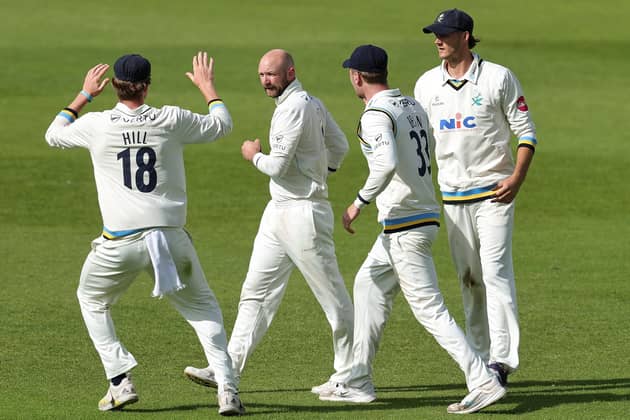 NOT QUITE: Yorkshire's Adam Lyth celebrates taking the wicket of Northamptonshire's Rob Keogh at Wantage Road on day four of their County Championship clash, but the visitors couldn't bowl their hosts out for a second time in the game. Picture: David Rogers/Getty Images