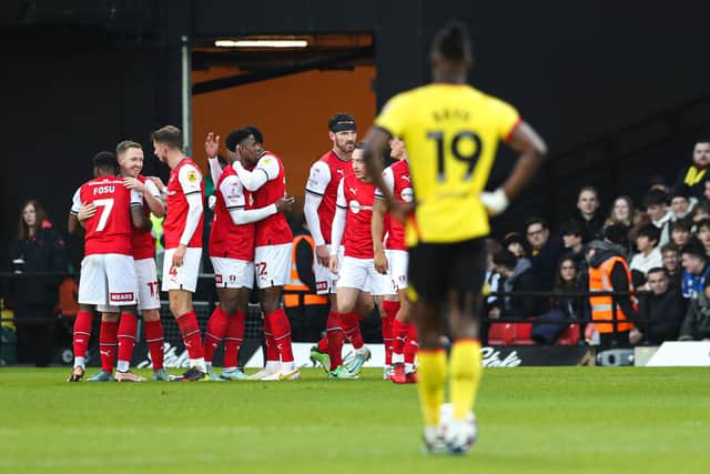 Rotherham United's Shane Ferguson (second left) celebrates scoring their side's first goal of the game during the Sky Bet Championship match at Vicarage Road, Watford. Picture: Kieran Cleeves/PA