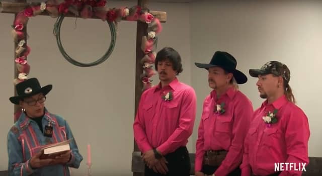 Travis Maldonado, Joe Exotic and John Finlay married at a ceremony in 2014 (Netflix)