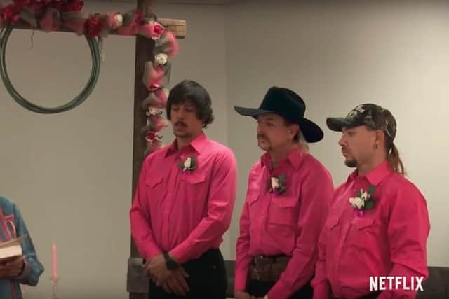 Travis Maldonado, Joe Exotic and John Finlay married at a ceremony in 2014 (Netflix)