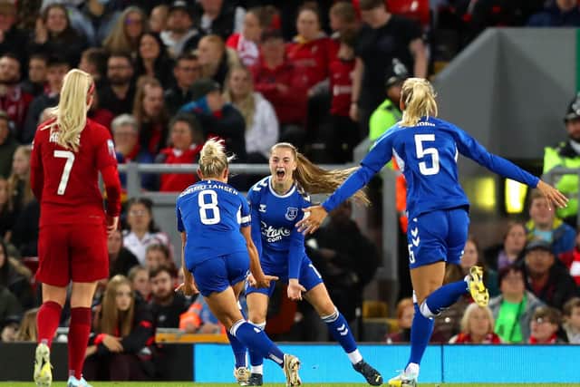 LIVERPOOL, ENGLAND - SEPTEMBER 25: Jess Park of Everton celebrates with teammate Izzy Christiansen after scoring their team's second goal during the FA Women's Super League match between Liverpool and Everton FC at Anfield on September 25, 2022 in Liverpool, England. (Photo by Charlotte Tattersall/Getty Images)