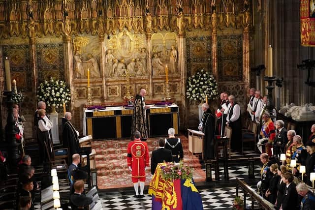 The Imperial State Crown seen on the high altar after being removed from the coffin of Queen Elizabeth II during the Committal Service. (Pic credit: Joe Giddens / Getty Images)