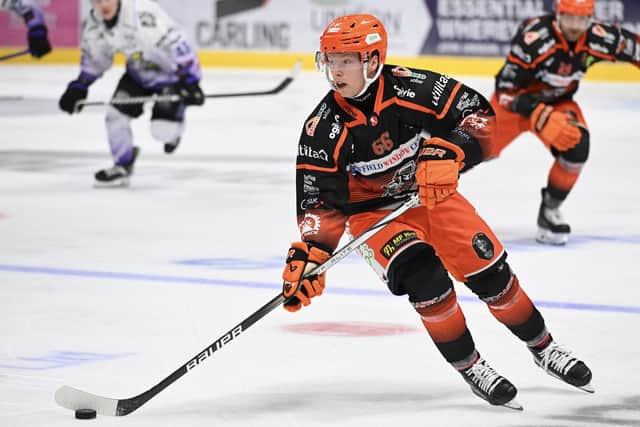 NEW FACE: FInlay Ulrick played against former club Manchester Storm for Sheffield Steelers on Wednesday night. Picture: Dean Woolley/Steelers Media.