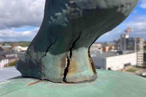 One of the cracks on the iconic Mercury statue at the Lyceum Theatre