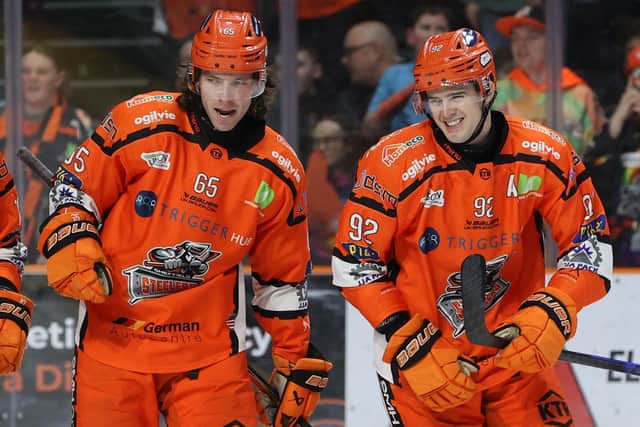 FAMILIAR FACES: Brien Diffley (left) and Mitchell Balmas form part of the key core Aaron Fox was desperate to retain at Sheffield Steelers for the 2026-27 season. Picture: Hayley Roberts/Steelers Media.