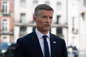 Transport Secretary Mark Harper speaks to media outside BBC Broadcasting House in London, after appearing on the BBC One current affairs programme, Sunday with Laura Kuenssberg. Picture date: Sunday April 30, 2023.