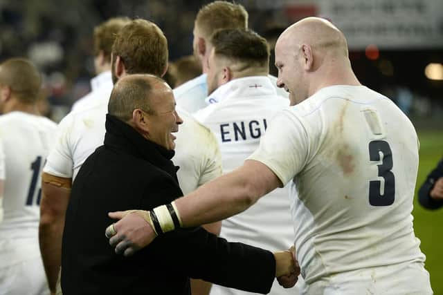 England's head coach Eddie Jones (L) shakes hands of England's tight head prop Dan Cole after winning the Six Nations rugby union tournament match against France, at the Stade de France in Saint-Denis, north of Paris, on March 19, 2016. (Picture: FRANCK FIFE/AFP via Getty Images)