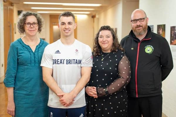 Olympic champion Max Whitlock joined by Professor Jacquie White, Kelly Robson and Nick Minns at the University of Hull.