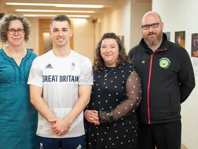 Olympic champion Max Whitlock joined by Professor Jacquie White, Kelly Robson and Nick Minns at the University of Hull.
