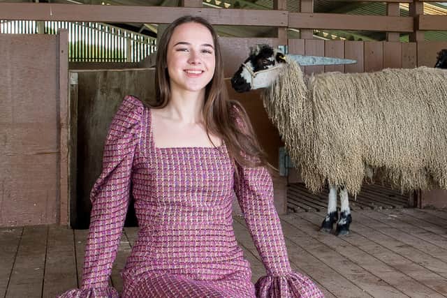 Winning model Maisie Townson wears Mary Benson’s dress made in tweed from Abraham Moon. Picture by Kate Mallender at the Great Yorkshire Showground in Harrogate.