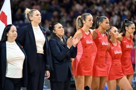 Liana Leota, centre, on England Roses coaching duty (Picture: Kai Schwoerer/Getty Images)
