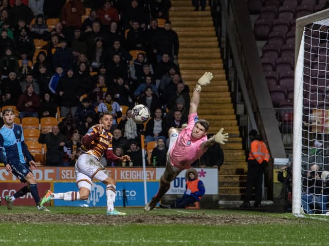 Bradford City striker Tyler Smith, who spent a loan spell at Doncaster Rovers earlier in his career, goes close in the recent EFL Trophy semi-final against Wycombe Wanderers. Picture: Tony Johnson.