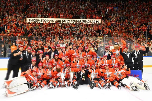 GRAND SLAM: Sheffield Steelers celebrate winning the Elite League play-offs in Nottingham last weekend - adding to the league and Challenge Cup trophies already secured. Picture: Dean Woolley/Steelers Media.