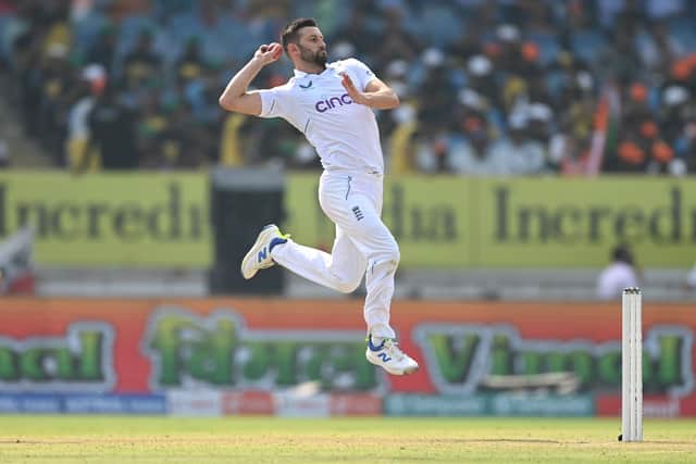Mark Wood in action on day one of the third Test. The fast bowler took three of the five wickets to fall to go with his run out of Sarfaraz Khan. Photo by Gareth Copley/Getty Images.