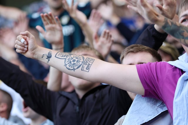 A fan with a Leeds United tattoo on his arm during the Premier League match between Leeds United and Chelsea FC at Elland Road on August 21.
