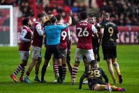 Bristol City's George Tanner is shown a red card by referee George Tanner during the Sky Bet Championship match at Ashton Gate, Bristol. Picture: Adam Davy/PA Wire.