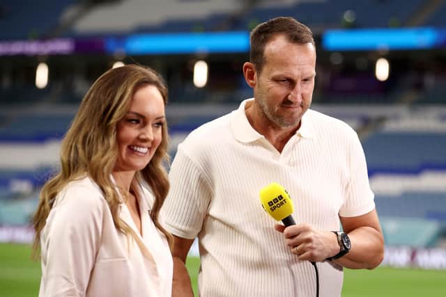 AL WAKRAH, QATAR - NOVEMBER 22: Mark Schwarzer is interviewed prior to the FIFA World Cup Qatar 2022 Group D match between France and Australia at Al Janoub Stadium on November 22, 2022 in Al Wakrah, Qatar. (Photo by Robert Cianflone/Getty Images)