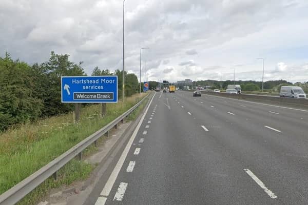 The M62 eastbound exit to Hartshead Moor Services. (pics by Google Maps)
