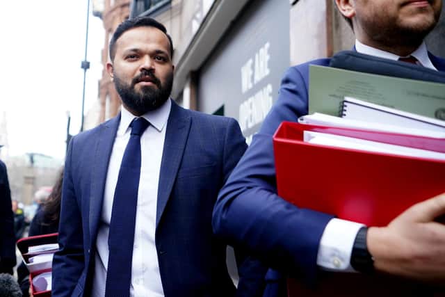 Azeem Rafiq arrives for day two of the CDC hearings at the International Arbitration Centre in London. Picture by James Manning. PA Wire/PA Images.