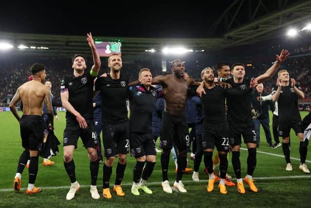 FINAL FLING: West Ham United players celebrate reaching the Europa Conference League showpiece after victory in Alkmaar