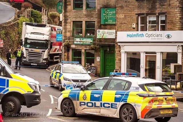 Police in Holmfirth on Saturday afternoon following the shooting on Friday night. (Credit: Andrew Leader)