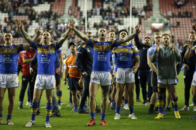 Leeds Rhinos players celebrate after the game. (Ed Sykes/SWpix.com)