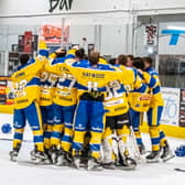 CHAMPIONS: Leeds Knights celebrate winning the NIHL National regular season league title at Telford in March. Picture courtesy of Steve Brodie.
