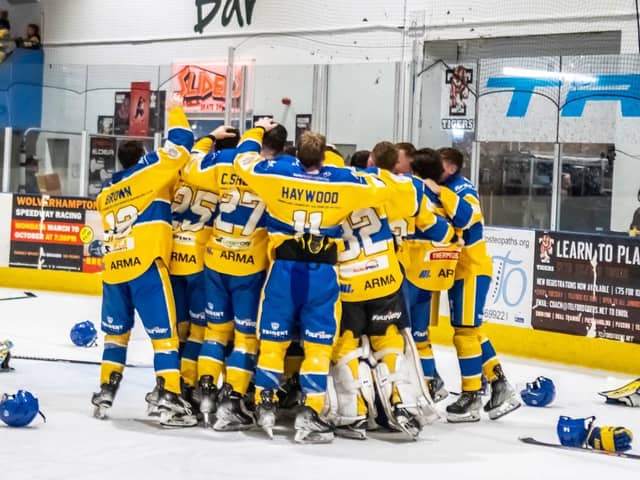 CHAMPIONS: Leeds Knights celebrate winning the NIHL National regular season league title at Telford in March. Picture courtesy of Steve Brodie.