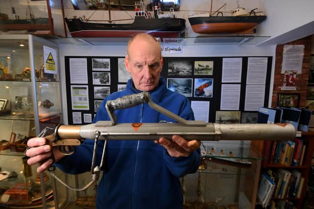 Exhibition on the region's history of shipwrecks and storms at the Scarborough Maritime Heritage Centre, Scarborough. Mark Vesey is pictured with a Schermuly Pistol Rocket apparatus.Picture by Simon Hulme