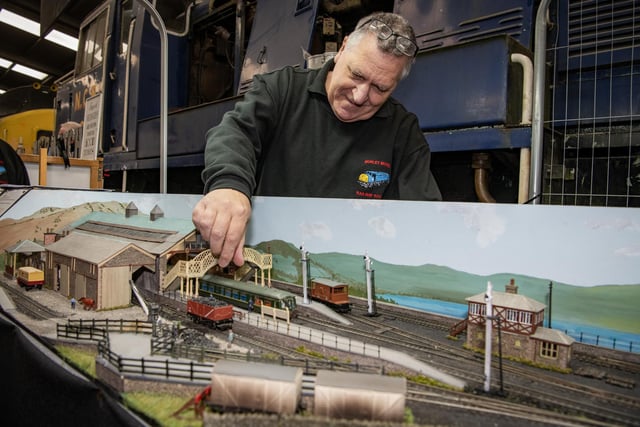 Steve Thorne from Morley Railway Society with a layout of Conistone Station at the Model Railway Show held at Leeming Bar Station by the Wensleydale Railway, photographed by Tony Johnson for The Yorkshire Post. 5th May 2024