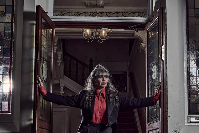 Trudy wears 1940s black tailcoat, UK12, £85; 1970s red dagger collar blouse, UK14, £25; 1980s men’s black tuxedo/dinner trousers, UK14, £30; jet and rhinestone brooch £18; costume rings £10 each.