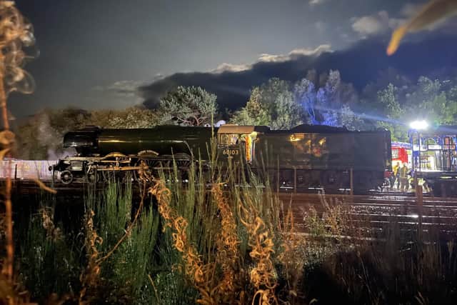 Photo taken with permission from the social media site X, formerly Twitter, posted by @gilderoylochart of The Flying Scotsman after it was involved in a "slow speed" crash with another heritage train hours before visitors were due to board it. The crash happened at Aviemore Railway Station, in the Cairngorms, Scottish Highlands, at 7.10pm on Friday. 

@gilderoylochart/PA Wire