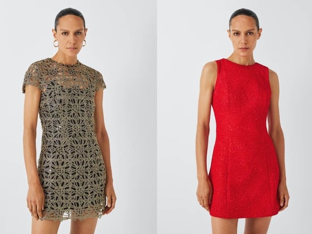 The Kooples Robe Mesh Metallic Dress, £425, and Nobody's Child Red Dion Mini Dress, £99