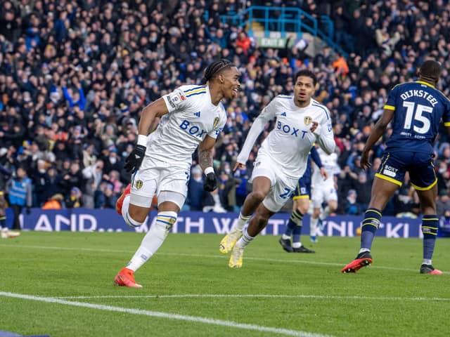 Leeds United's Crysencio Summerville wheels away in celebration after scoring his side's second goal in the 3-2 home win over Championship rivals Middlesbrough. Picture: Tony Johnson.