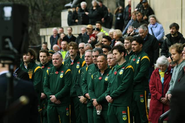 Leeds Armistice day at Victoria Gardens. The Australian Rugby League pay their respects. 11th November 2022. Picture Jonathan Gawthorpe